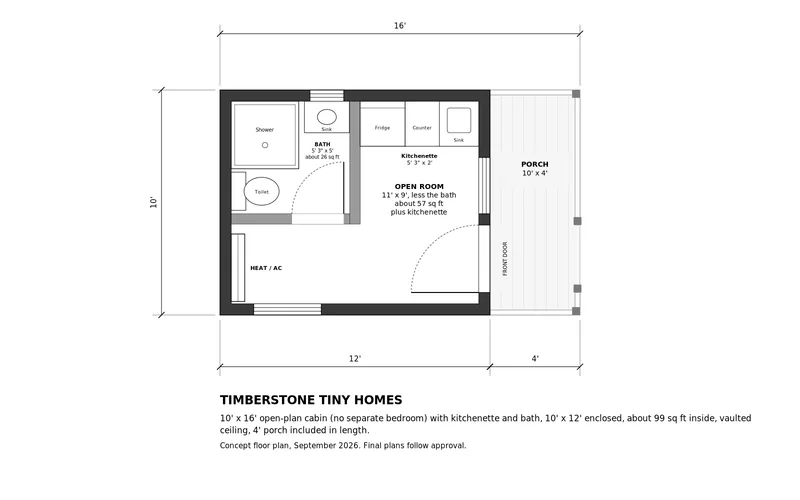 Floor plan of the 10×16 open-plan cabin: bathroom with shower at one end, open room with a kitchenette along one wall, and a 10×4 front porch