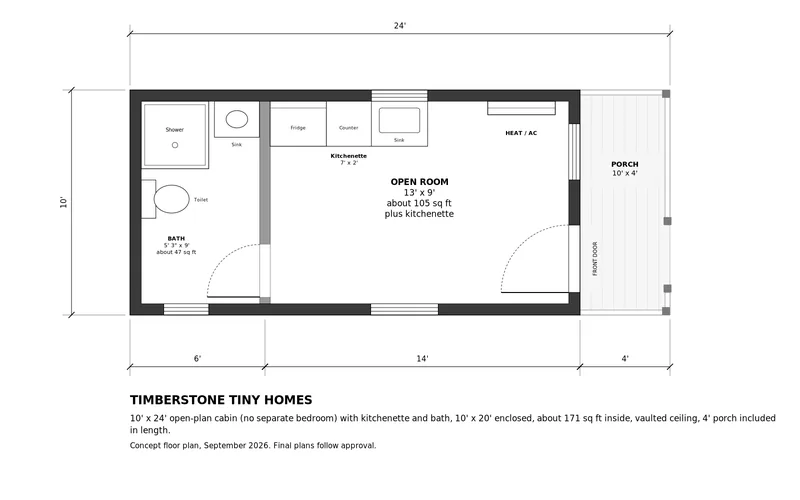 Floor plan of the 10×24 open-plan cabin: bathroom with shower at one end, open room with a kitchenette along one wall, and a 10×4 front porch