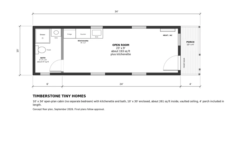 Floor plan of the 10×34 open-plan cabin: bathroom with shower at one end, open room with a kitchenette along one wall, and a 10×4 front porch