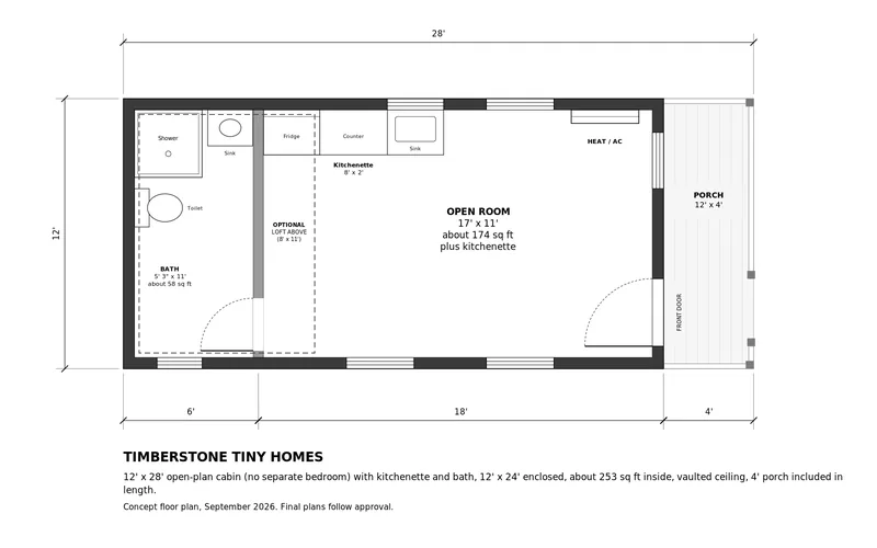 Floor plan of the 12×28 open-plan cabin: bathroom with shower at one end, optional 8′×11′ loft above, open room with a kitchenette along one wall, and a 12×4 front porch