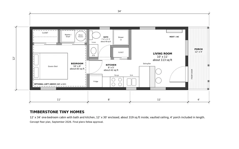 Floor plan of the 12×34 one-bedroom cabin: bedroom with closet at one end, washer/dryer space, bathroom with shower, open living area with optional loft above, and a 12×4 front porch