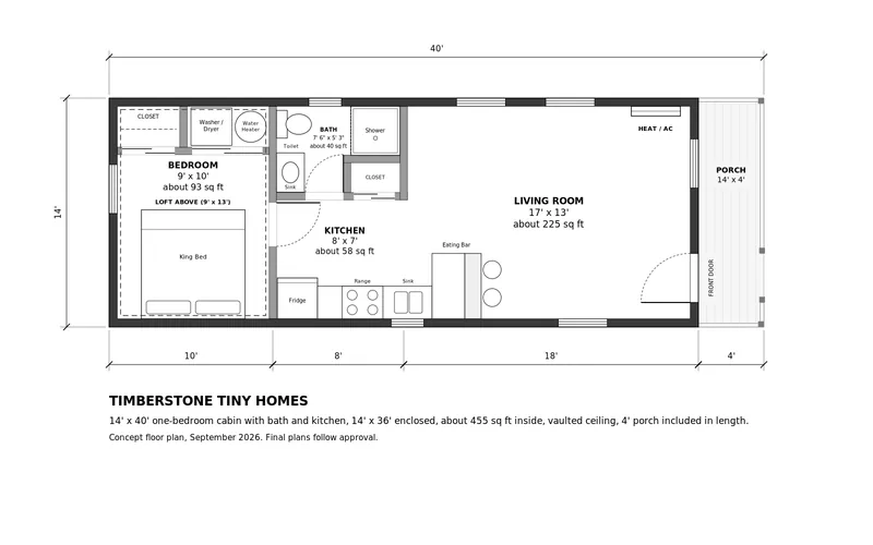 Floor plan of the 14×40 one-bedroom cabin: bedroom with closet at one end, washer/dryer space, bathroom with shower, open living area with loft above, and a 14×4 front porch