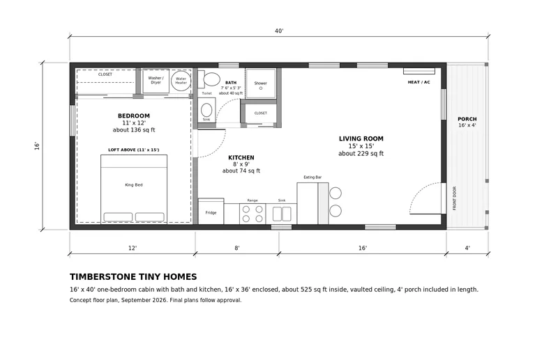 Floor plan of the 16×40 one-bedroom cabin: bedroom with closet at one end, washer/dryer space, bathroom with shower, open living area with loft above, and a 16×4 front porch