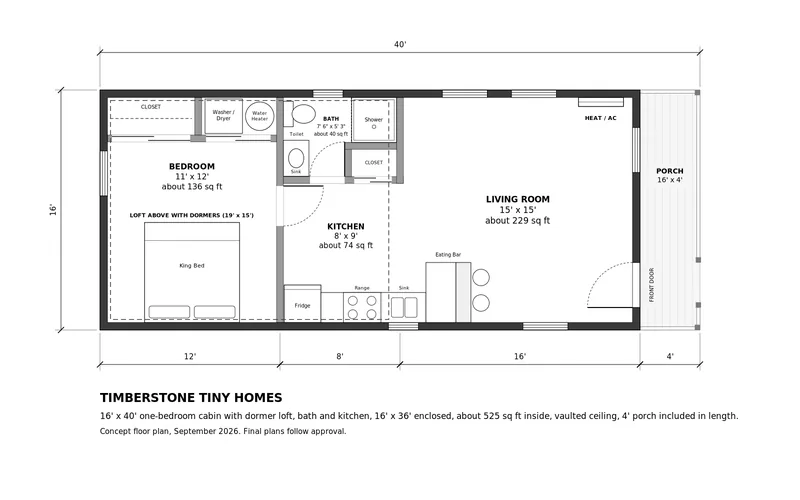 Floor plan of the 16×40 dormer one-bedroom cabin: bedroom with closet at one end, washer/dryer space, bathroom with shower, open living area with loft with dormers above, and a 16×4 front porch